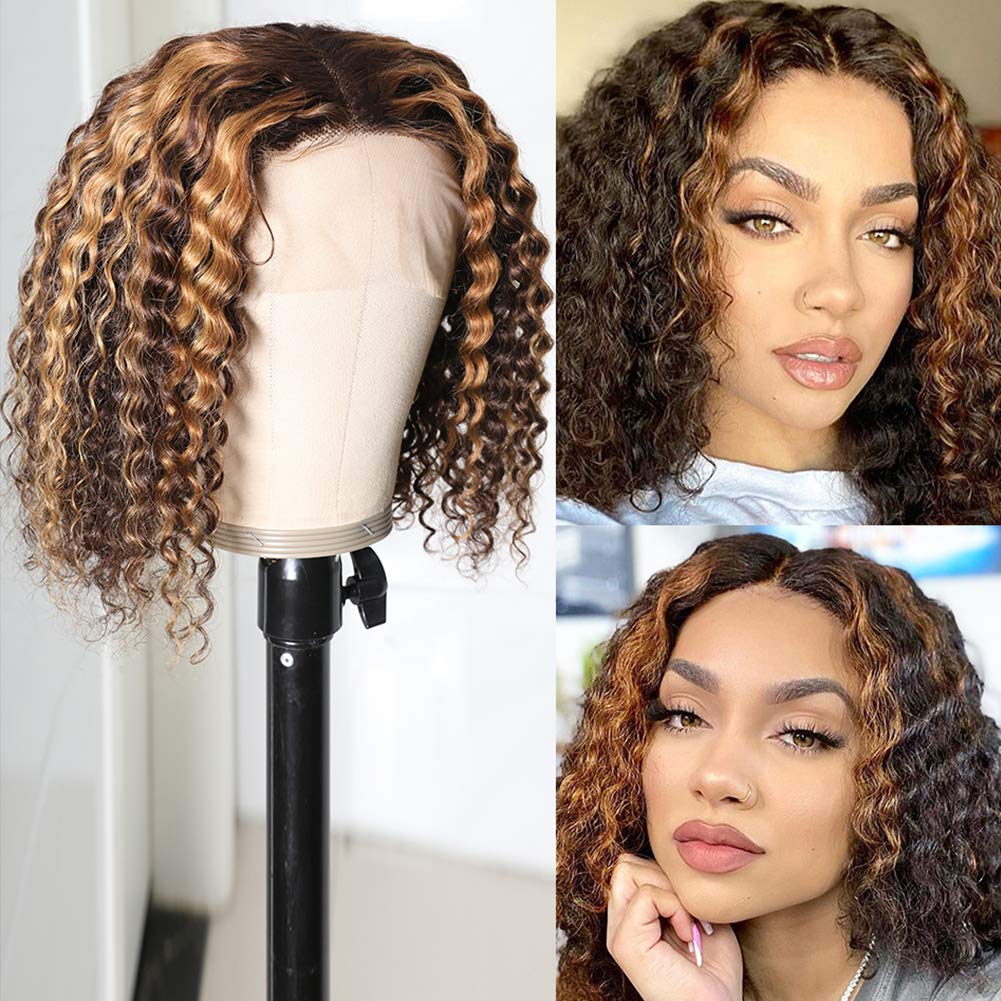 Highlight Deep Curly Bob Wig 4/27 Ombre Honey Blonde Piano Highlights Color Wig Bouncy Curly Transparent Lace Front Human Hair Wigs - arabellahair.com