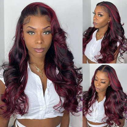Dark Burgundy With Rose Red Highlights Body Wave HD Lace 13x4 Lace Color Wigs Free Part