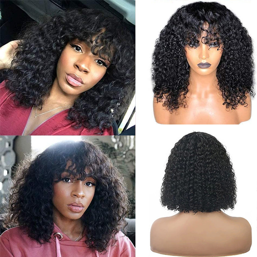 Jerry Curly Bob Wig With Bangs Full Machine Made For Women Fringe Wigs Non-Lace Wig - arabellahair.com