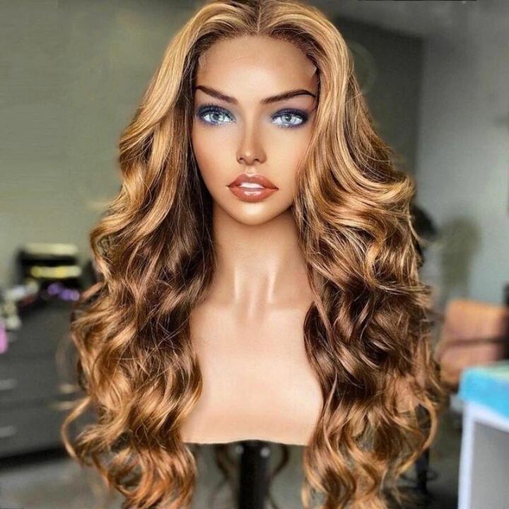 Human hair wig 360 Lace Front Body Wave Wig Honey Blonde Piano Highlights Transparent Human Hair Wigs 180% Density Free Part - arabellahair.com