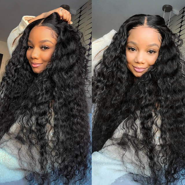 Undetectable Transparent Lace 13*4 Lace Frontal Wig Water Wave 180% Density Human Hair Wigs For Beginners Natual Black Free Part - arabellahair.com