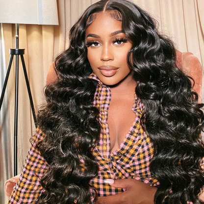 24&quot; Loose Wave Transparent Lace 13*4/4*4  Lace Frontal Wig Human Hair Wig Natural Black - arabellahair.com