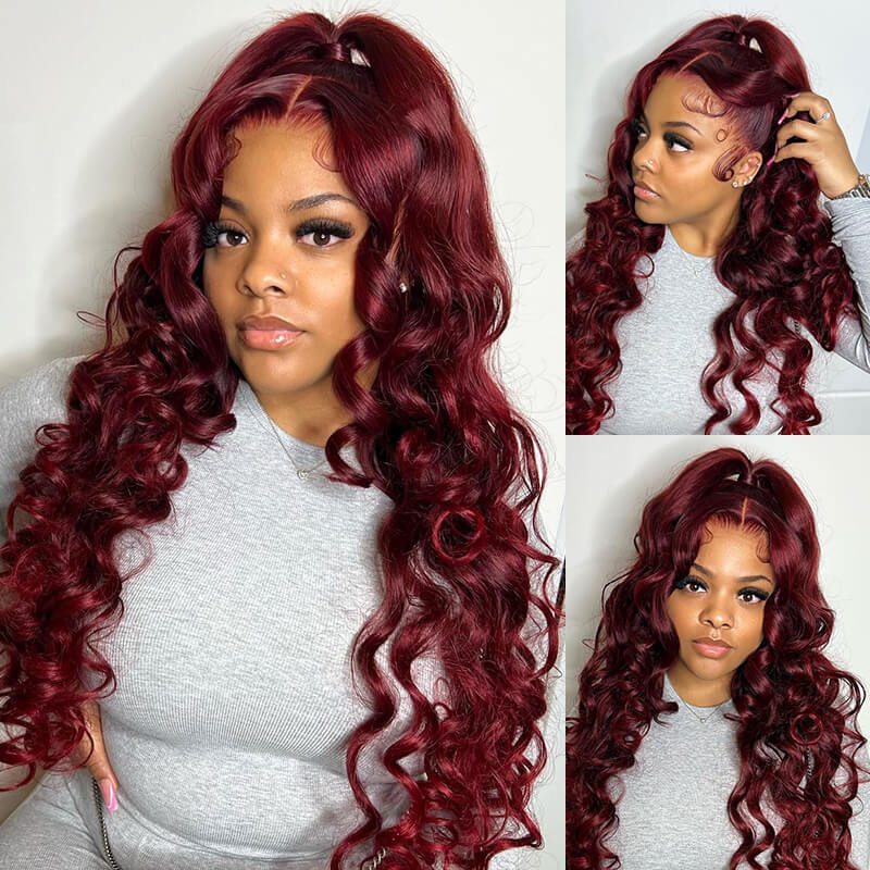 Loose Deep Wave Lace Frontal Burgundy 99J Red Colored Hair Closure Wigs Undetectable Hair Wig Color Wig Glueless