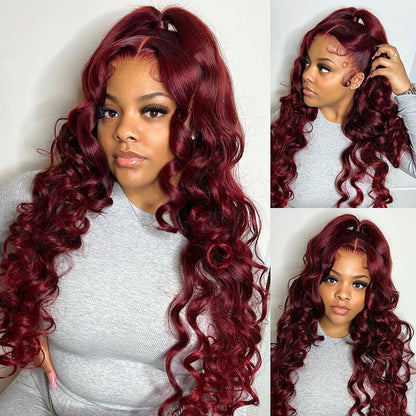 Loose Deep Wave Lace Frontal Burgundy 99J Red Colored Hair Closure Wigs Undetectable Hair Wig Color Wig Glueless