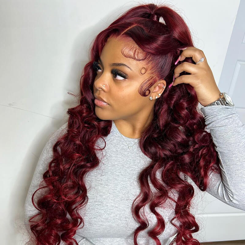 Loose Deep Wave Lace Frontal Wig in Burgundy 99J Red - Colored Glueless Hair Closure Wig Undetectable Hair Wig