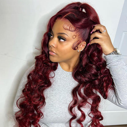 Loose Deep Wave Lace Frontal Burgundy 99J Red Colored Hair Closure Wigs Undetectable Hair Wig Color Wig Glueless
