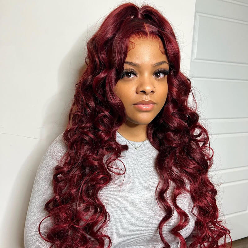 Loose Deep Wave Lace Frontal Burgundy 99J Red Colored Hair Closure Wigs Undetectable Hair Wig Color Wig Glueless