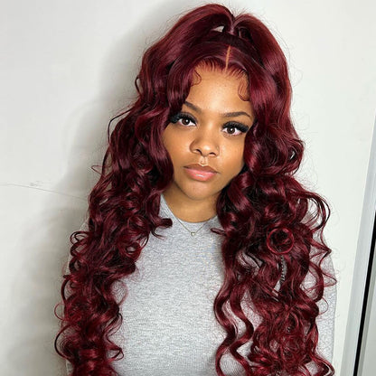 Loose Deep Wave Lace Frontal Burgundy 99J Red Colored Hair Closure Wigs Undetectable Hair Wig Color Wig Glueless