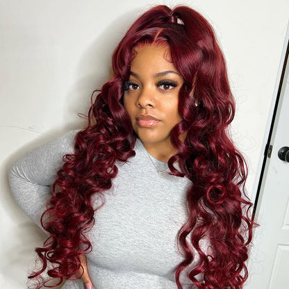 Loose Deep Wave Lace Frontal Burgundy 99J Red Colored Hair Closure Wigs Undetectable Hair Wig Color Wig Glueless