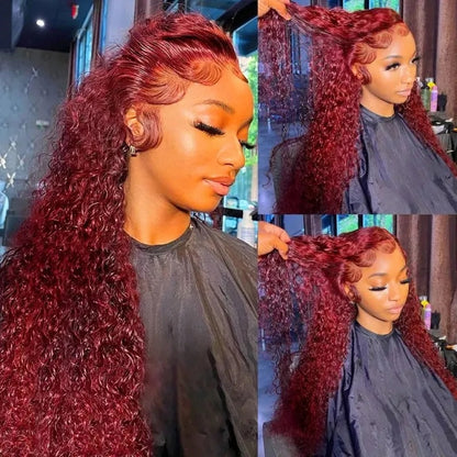 Burgundy Red Auburn Colored Jerry Curly 13x4 Lace Front Human Hair Wigs