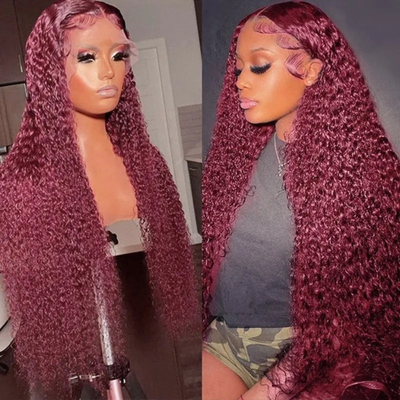 Burgundy Red Auburn Colored Jerry Curly 13x4 Lace Front Human Hair Wigs