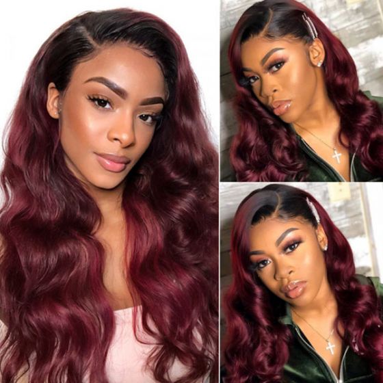 1B99J Ombre Wig Human Hair 13*4 Lace Frontal Wig Straight&amp;Body Wave 180% Density Color Wig - arabellahair.com