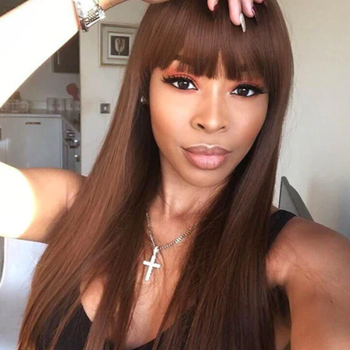 Chestnut Dark Brown Color Wig Straight Non-Lace Machine Made 