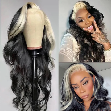 Blonde Skunk Stripe New Highlight Blonde Color 15A Double Drawn Hair 13*4 Transparent Lace Frontal Wig Ponytail Short Style Wave Bob - arabellahair.com