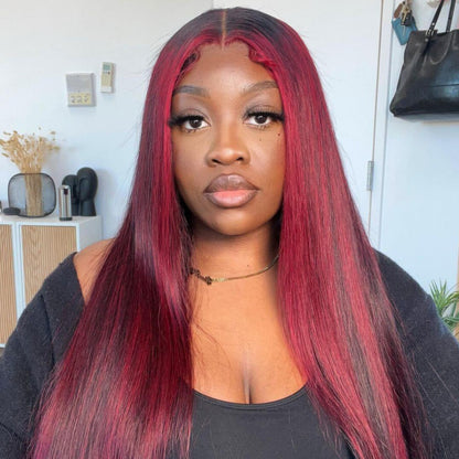Dark Burgundy With Rose Red Highlights Straight HD Lace 13x4 Transparent Lace Color Wigs Free Part