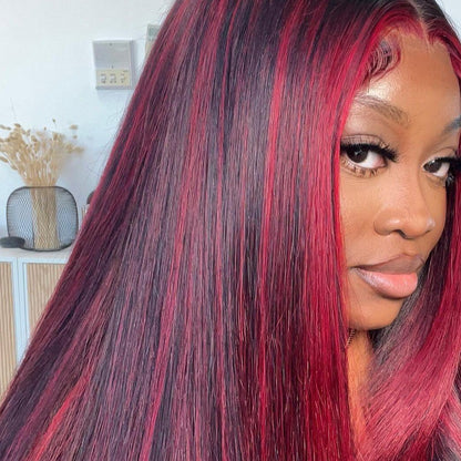 Dark Burgundy With Rose Red Highlights Straight HD Lace 13x4 Transparent Lace Color Wigs Free Part