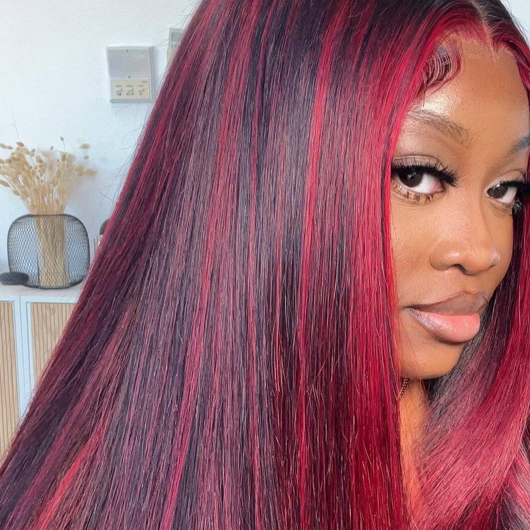Dark Burgundy With Rose Red Highlights Straight HD Lace 13x4 Transparent Lace Color Wigs Free Part
