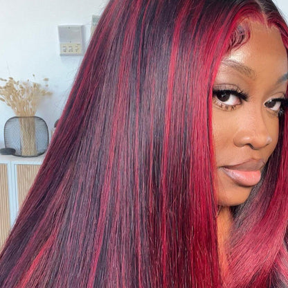 Dark Burgundy With Rose Red Highlights Straight HD Lace 13x4 Transparent Lace Color Wigs Free Part