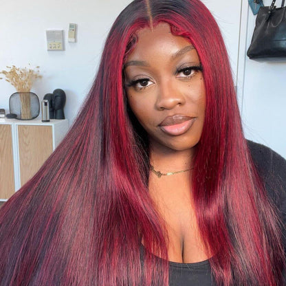 Dark Burgundy With Rose Red Highlights Straight HD Lace 13x4 Transparent Lace Color Wigs Free Part
