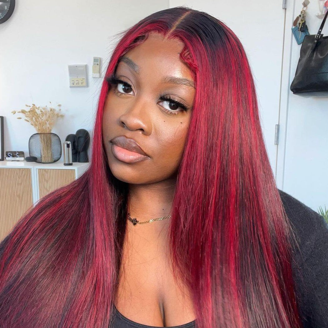 Dark Burgundy With Rose Red Highlights Straight HD Lace 13x4 Transparent Lace Color Wigs Free Part