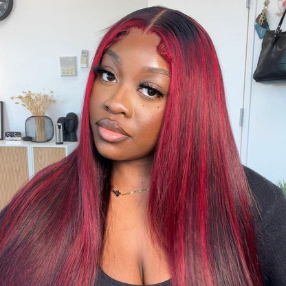 Dark Burgundy With Rose Red Highlights Straight HD Lace 13x4 Transparent Lace Color Wigs Free Part