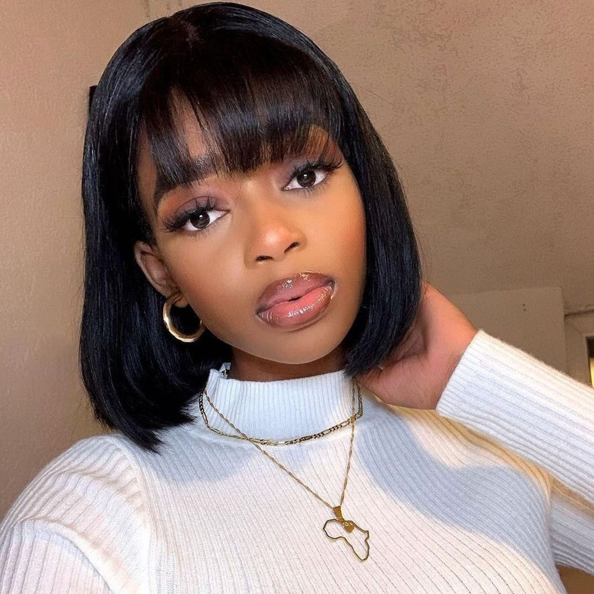 Chestnut Brown Color Bob Wigs With Bangs Straight Short Non-Lace Human Hair Colored Bob Wigs 180% Density Machine Made [COMB SALE] - arabellahair.com