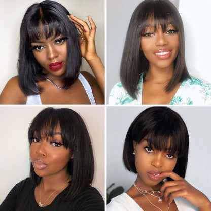 Straight Short Non-Lace Human Hair Bob Wigs with Bangs 180% Density Bob Wigs - arabellahair.com