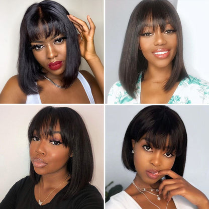 Chestnut Brown Color Bob Wigs With Bangs Straight Short Non-Lace Human Hair Colored Bob Wigs 180% Density Machine Made [COMB SALE] - arabellahair.com