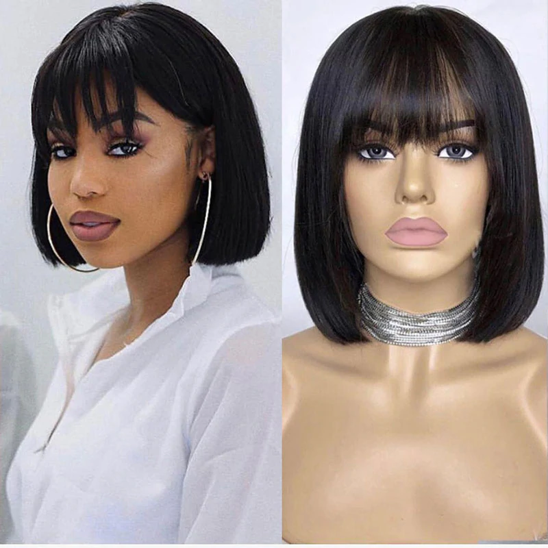 Straight Short Bob Wigs with Bangs Non Lace Machine Made Human