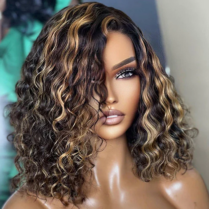 Balayage Bob Style Side Part 13x4/13x6 Lace Frontal Water Wave Highlight Colored Human Hair Wig