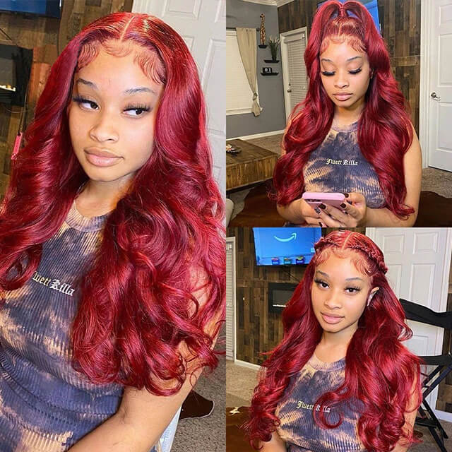 Red Burgundy Color Transparent Lace Wig 4*4/13*4 Lace Glueless Natural Wig 18 24 Inch - arabellahair.com
