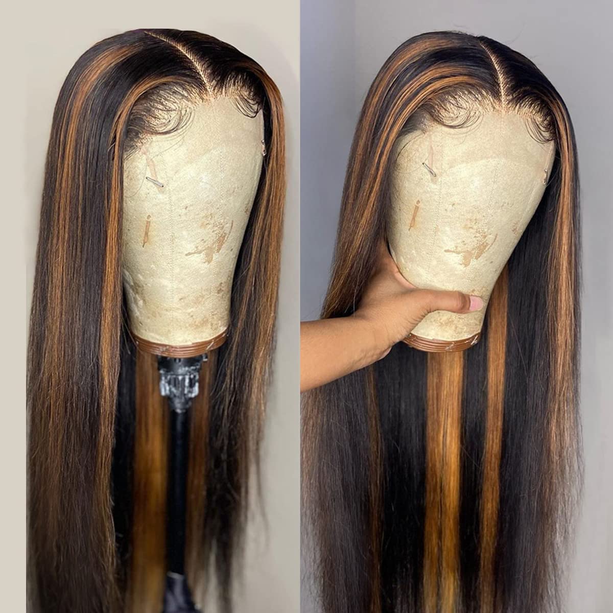 000 Brown Highlights Straight Hair Pre-Plucked 13x4 Lace Front Wig