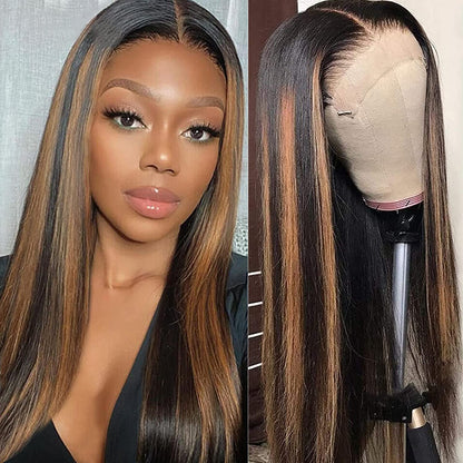 000 Brown Highlights Straight Hair Pre-Plucked 13x4 Lace Front Wig