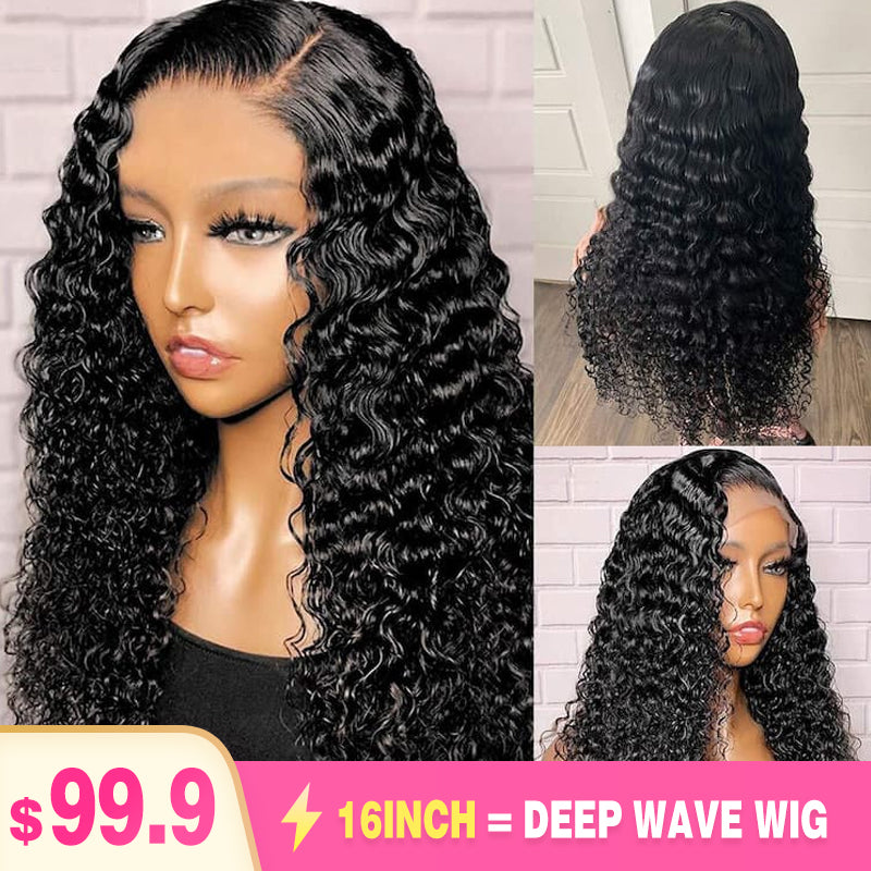 $99.9 16&quot; Deep Wave 5*5 Lace Closure Human Hair Wig Natual Black - arabellahair.com