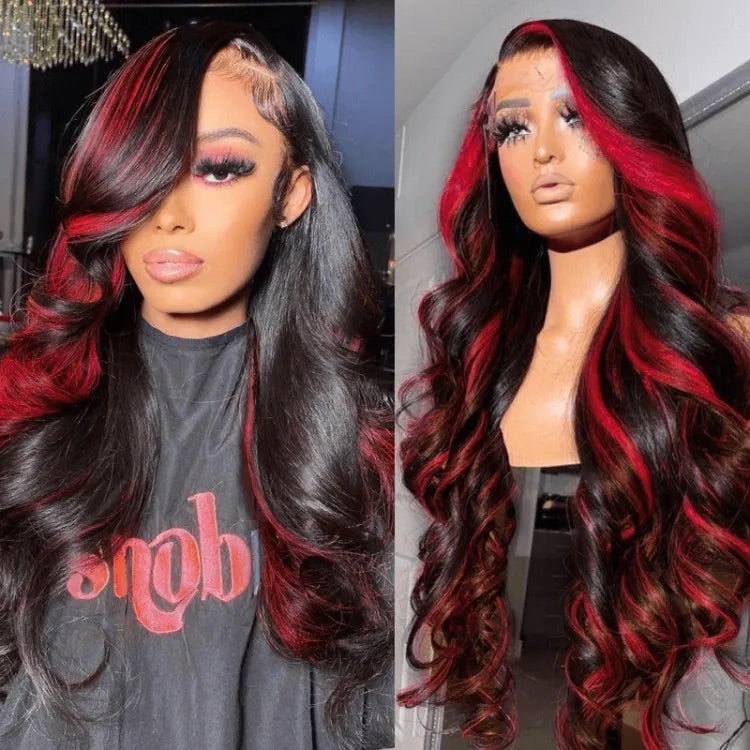 13x4 Lace Dark Burgundy With Rose Red Highlights Body Wave HD Lace Color Wigs Free Part