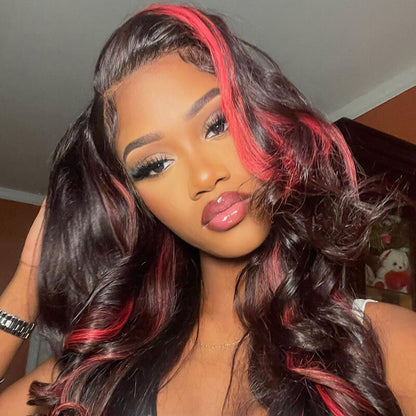 Human hair wig Dark Burgundy With Rose Red Highlights Body Wave HD Lace 13x4 Transparent Lace 180% Density Color Wigs Free Part - arabellahair.com