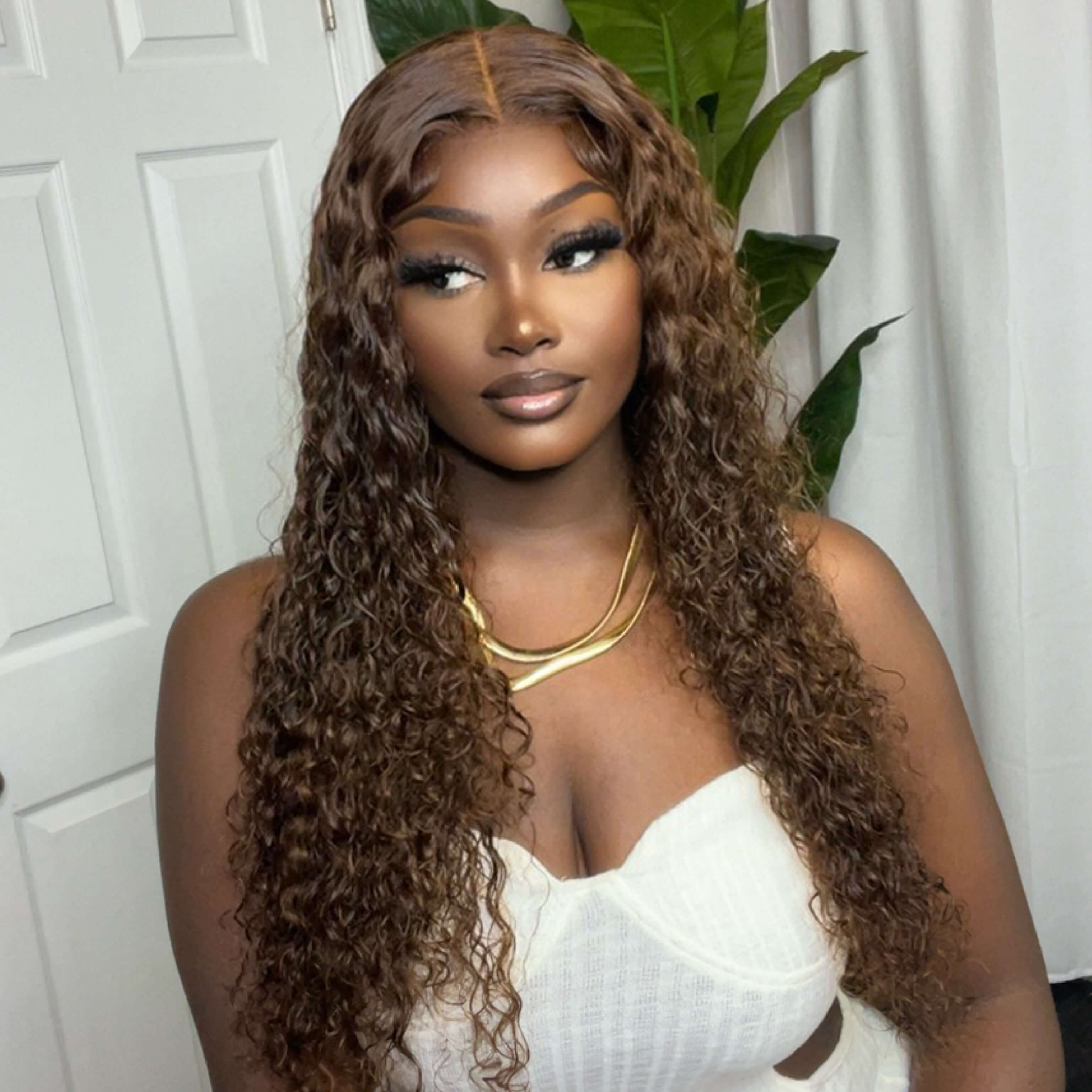 Dark Honey Brown Water Wave Human Hair Wig Free Shipping