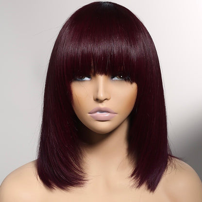 Reddish Purple Layered Cut Straight Bob Wig with Bangs - Non-Lace Machine Made Colored Human Hair Wigs
