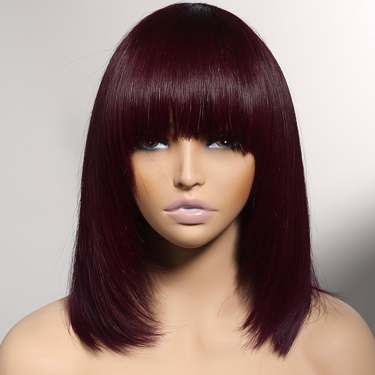 Reddish Purple Burgundy Layered Cut Straight Bob Wig with Bangs - Non-Lace Machine Made Colored Human Hair Wigs