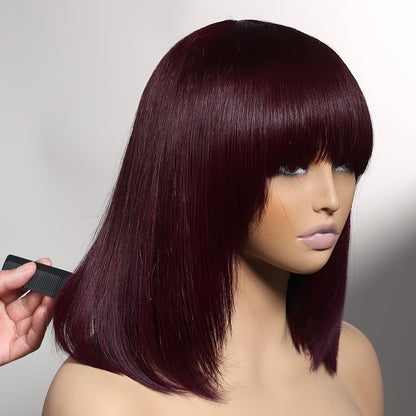 Reddish Purple Burgundy Layered Cut Straight Bob Wig with Bangs - Non-Lace Machine Made Colored Human Hair Wigs