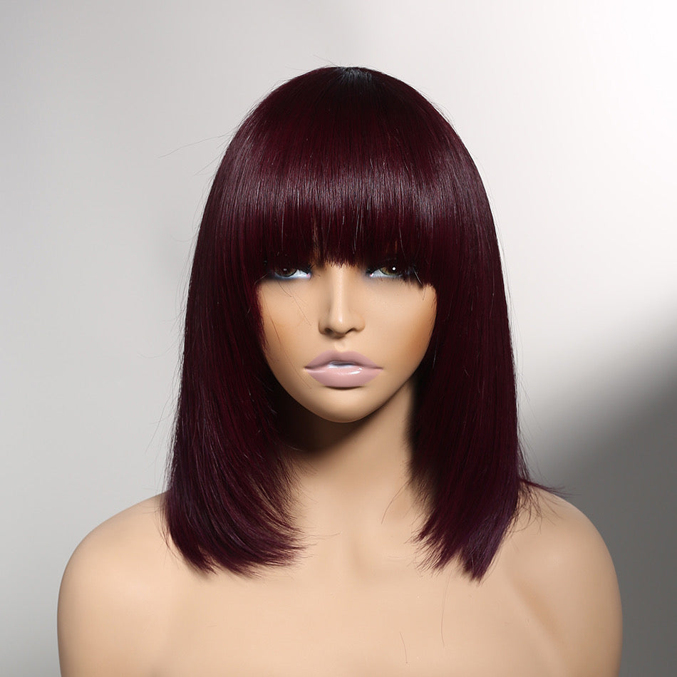 Reddish Purple Layered Cut Straight Bob Wig With Bangs Non-Lace Machine Made Colored Human Hair Wigs