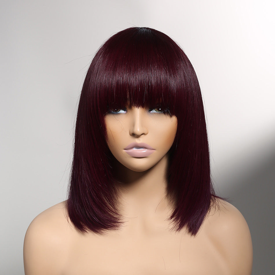 【Bogo Sale】Burgundy Wig with Bangs Non-Lace Short Bob Straight Human Hair Wig