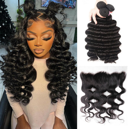 {12A 3Pcs+Frontal} Loose Wave 3 Bundles Hair With Lace Frontal Closure Human Virgin Hair Extensions