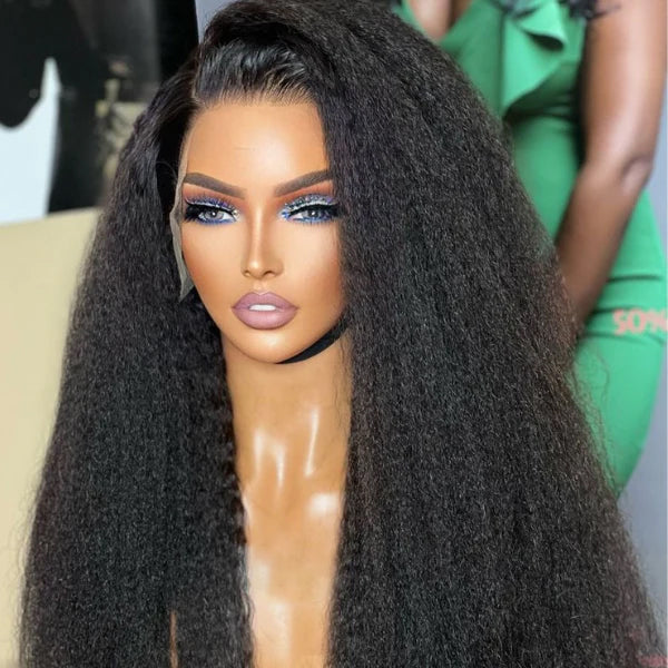 AlwaysAmeera Recommend Kinky Straight HD Lace Frontal Yaki Straight 13x4 Lace Human Hair Wigs Natural Black Free Part Wig