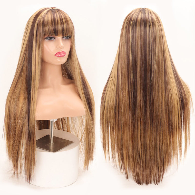 Piano Highlight Brown Color Wig Straight Non-Lace Machine Made With Bangs 