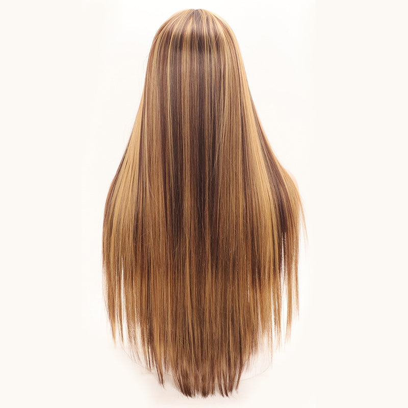 Piano Highlight Brown Color Wig Straight Non-Lace Machine Made With Bangs 