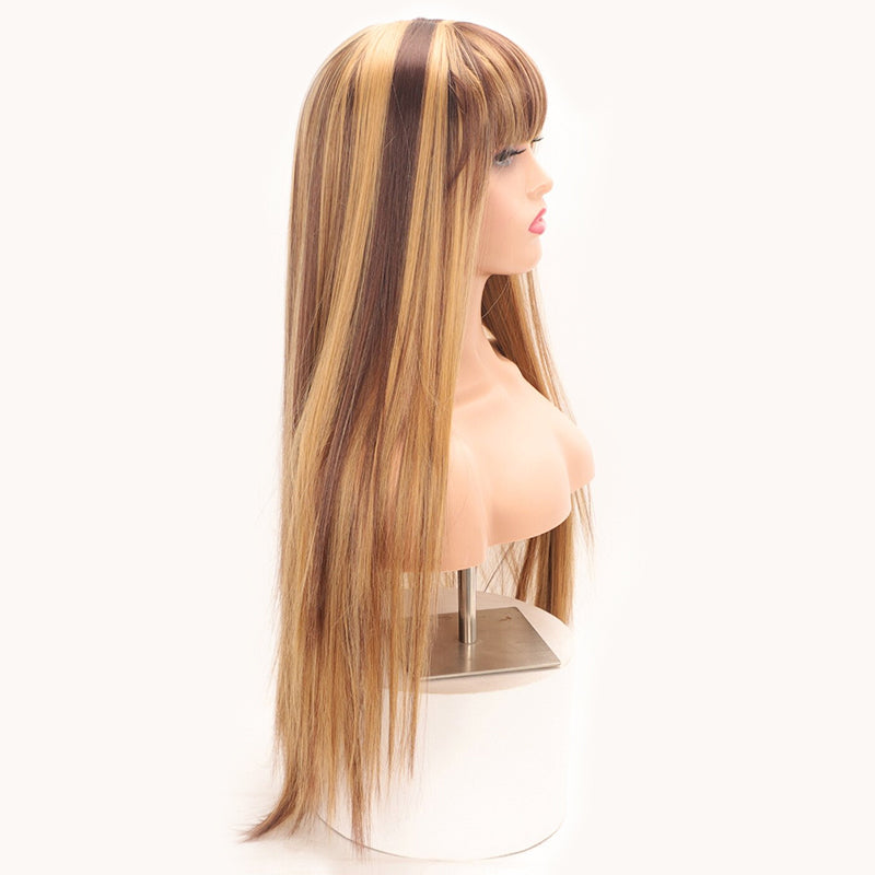 Piano Highlight Brown Color Wig Straight Non-Lace Machine Made With Bangs 
