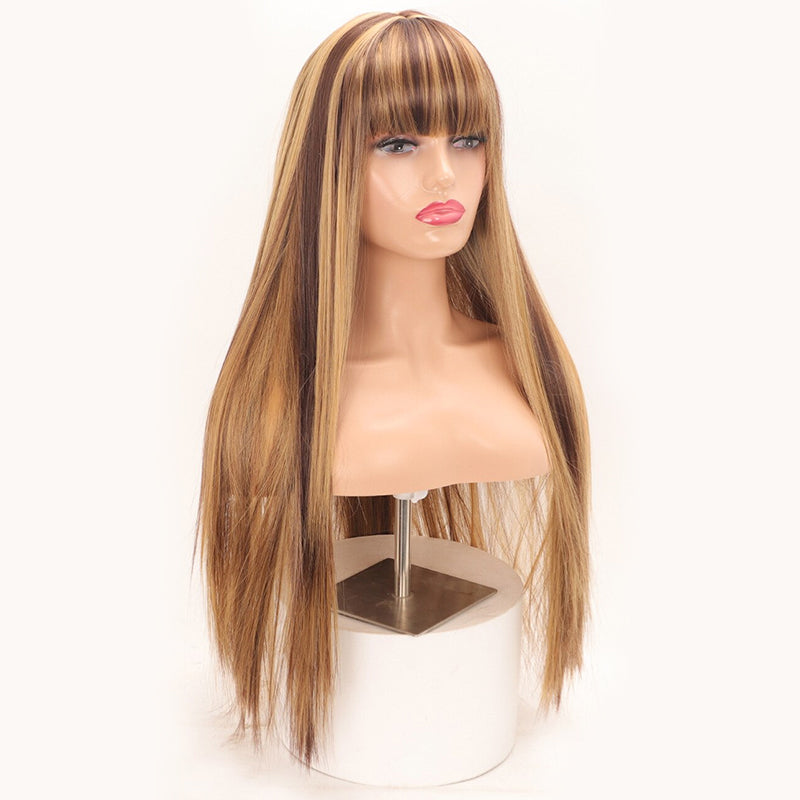 Piano Highlight Brown Color Wig - Straight Non-Lace Machine Made With Bangs, 