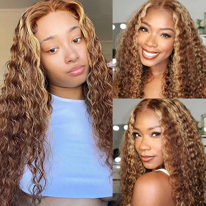 22&quot; Honey Blonde Piano Highlights Color Wig Deep Wave Curly Style Transparent Lace 4*4 Glueless Wig 180% Density - arabellahair.com