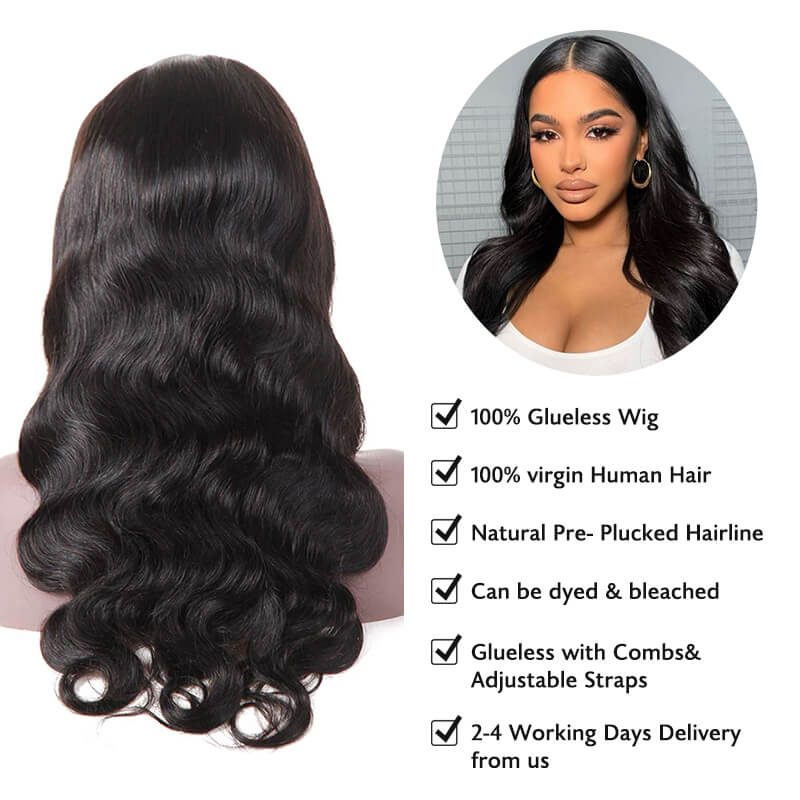 Human hair wig Real Glueless Wig HD 5x5 Lace Closure Wigs Body Wave Pre Plucked 180% Density Natual Black - arabellahair.com